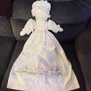 VTG 1990 handmade Embroidered Pillowcase Doll Pink Lamb white Muslin Folk Art